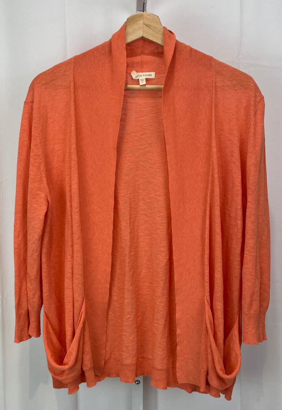 EILEEN FISHER Sz M Open Cardigan Sweater 3/4 Sleeve Pockets Linen Cotton Orange